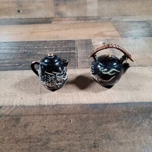 Vintage Dragon Moriage Salt & Pepper Set Tea Kettle Tea Pot Black Glaze Red Clay